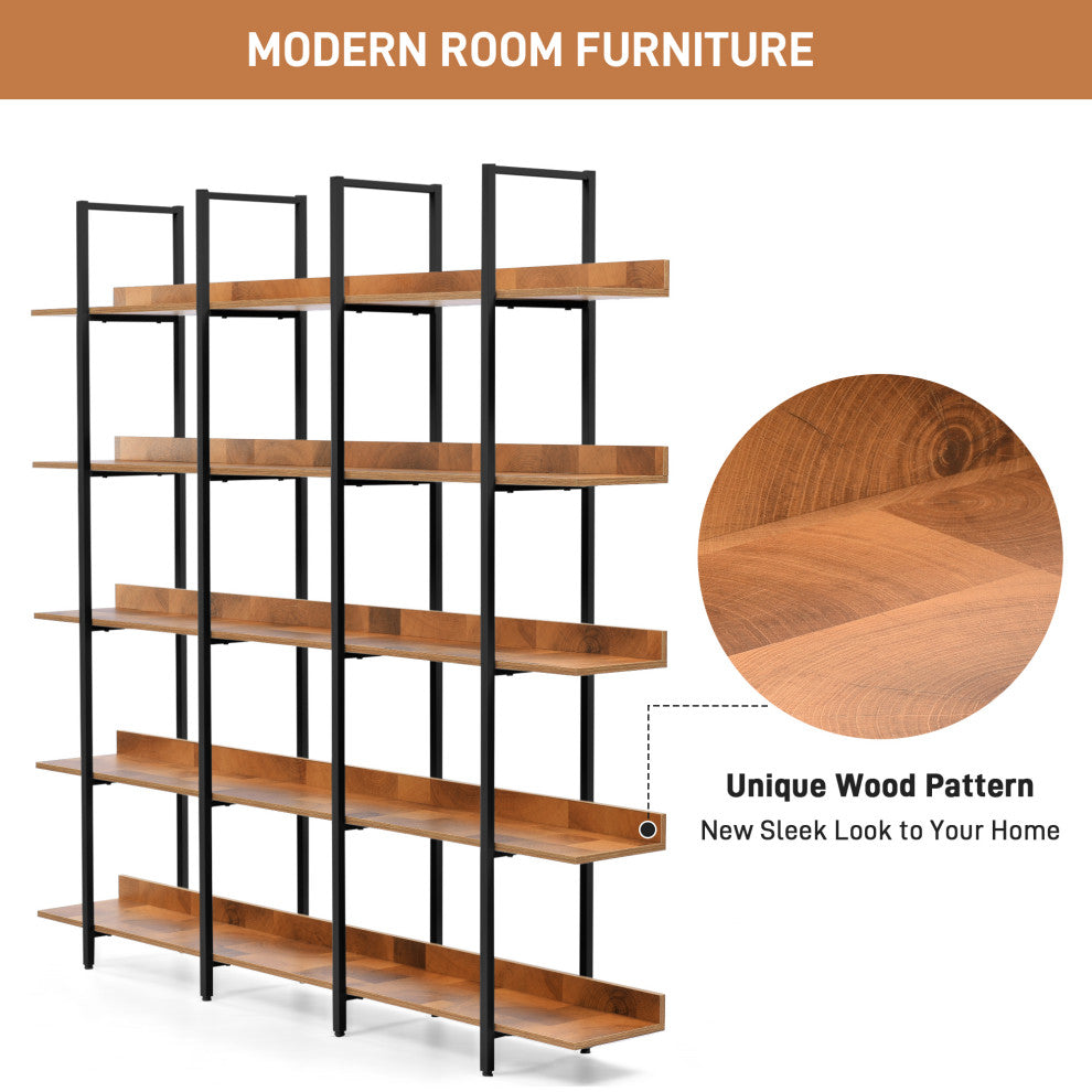TATEUS Bookcase Home Office Bookshelf, Vintage Industrial Style Shelf 5 tier, Black/Brown