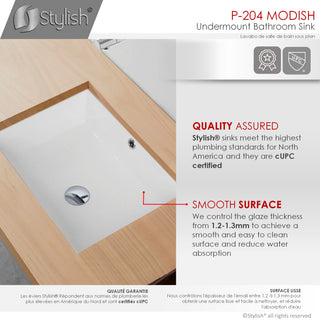 STYLISH 20" Rectangular Undermount Ceramic Bathroom Sink, 2 Overflow Finishes