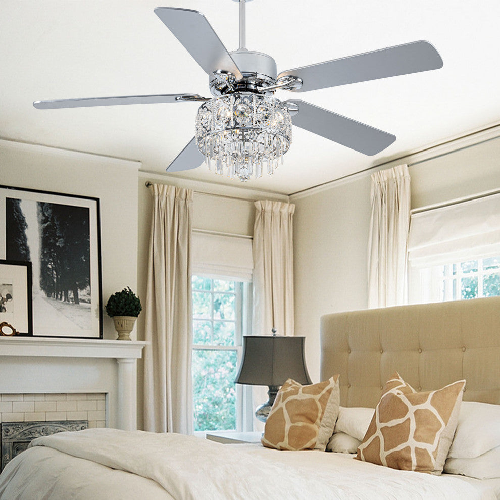 52" Modern Silver Crystal Ceiling Fan 6-speed with Dimmable Light and Remote, Chrome, 52"