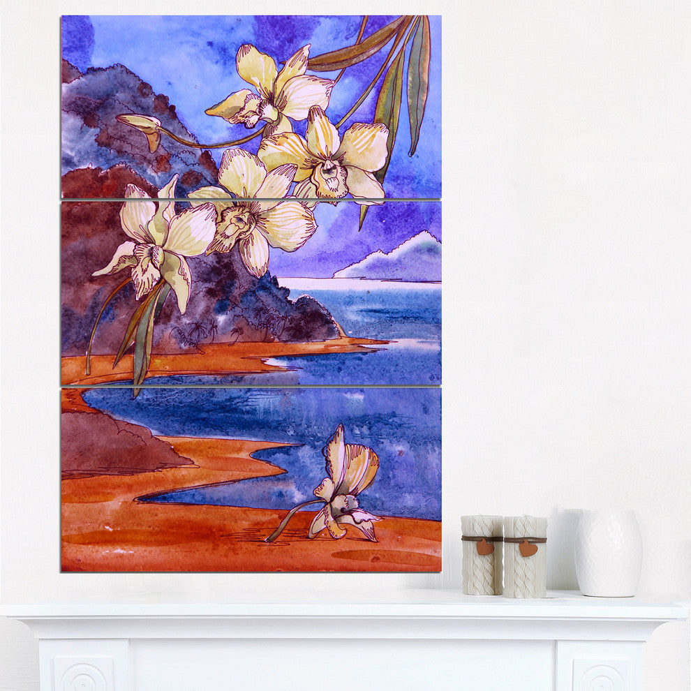 "White Orchid With Sea" Glossy Metal Wall Art, 3 Panels, 28"x36"