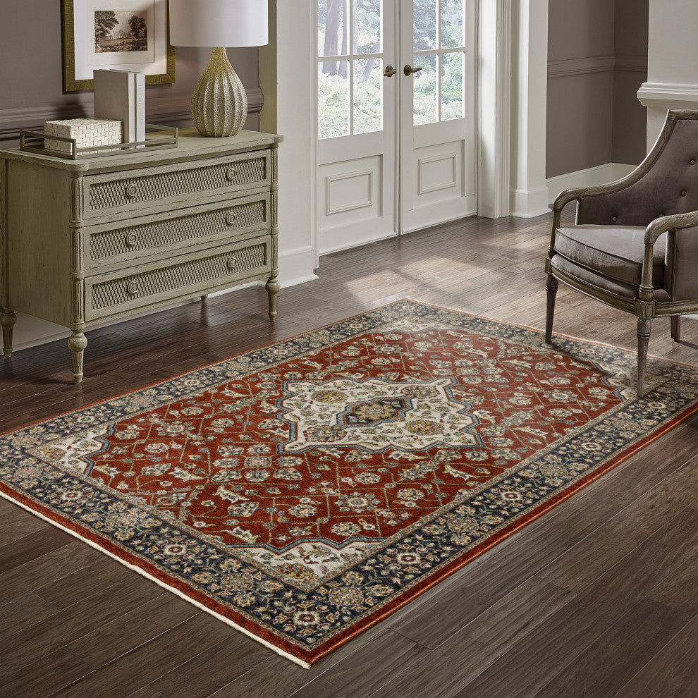 Augustus Oriental Medallion Red/ Blue Indoor Area Rug, Red, 6'7"x9'6"