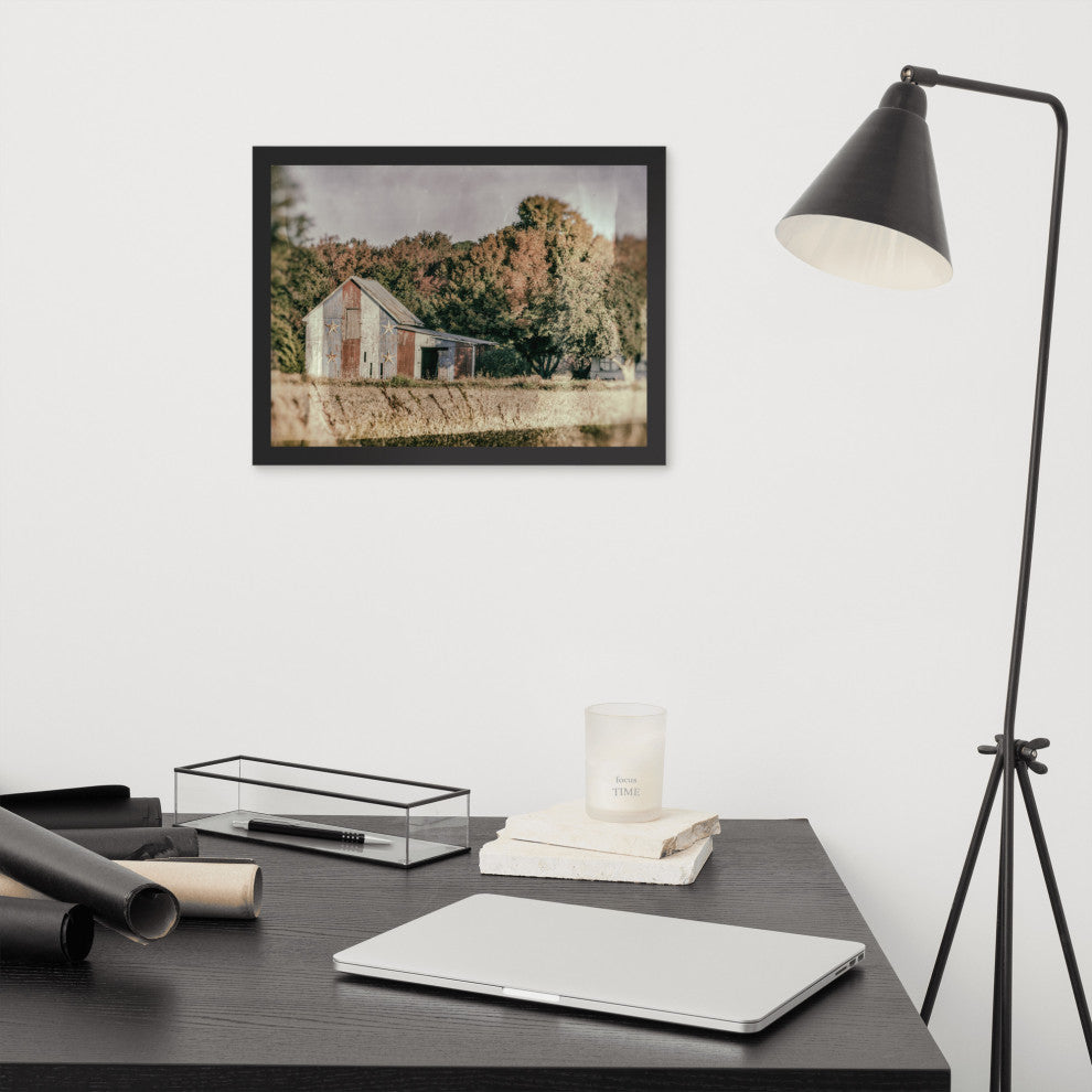 Patriotic Weathered Barn in Field Glass Plate Framed Photo Paper Wall Art Prints, Black, 12" X 16"