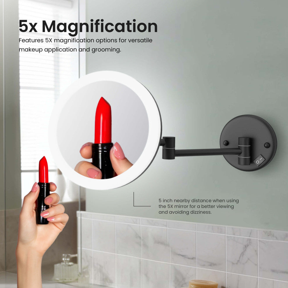 Circular LED Wall Mount One Side 5x Magnifying Make Up Mirror, Matte Black