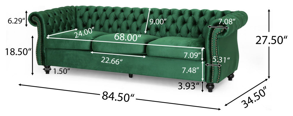 GDF Studio Vita Chesterfield Tufted Jewel Toned Velvet Sofa With Scroll Arms, Emerald
