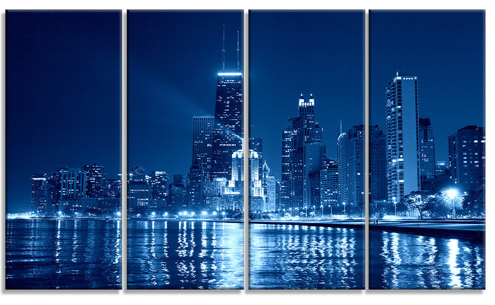 "Blue Chicago Skyline Night" Canvas Print, 4 Panels