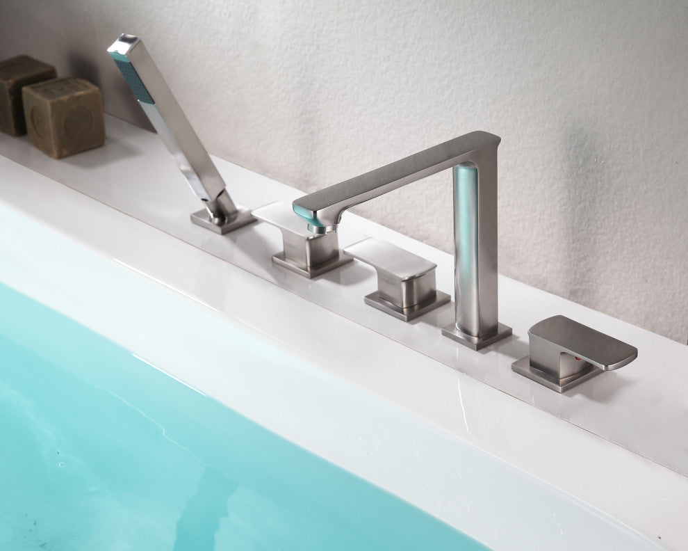 Shore 3-Handle Deck-Mount Roman Tub Faucet,Handheld Sprayer In Brushed Nickel
