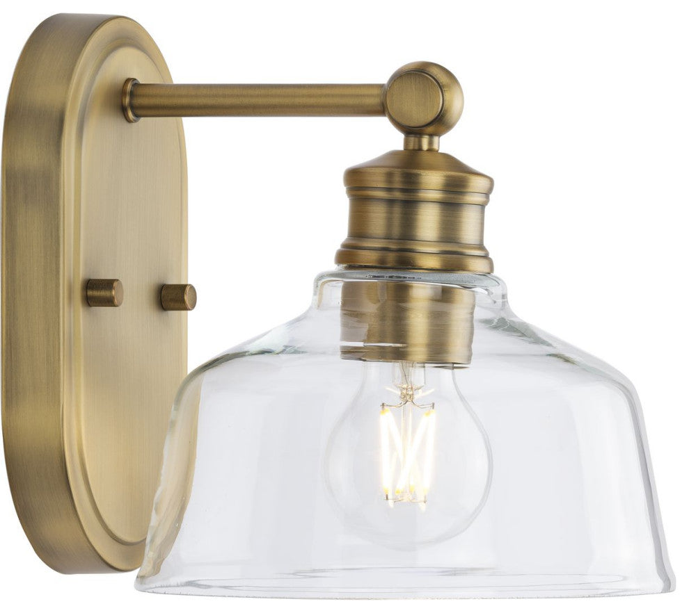 Singleton 1-Light 7.62" Vintage Brass Farmhouse Vanity Light, Clear Glass Shade