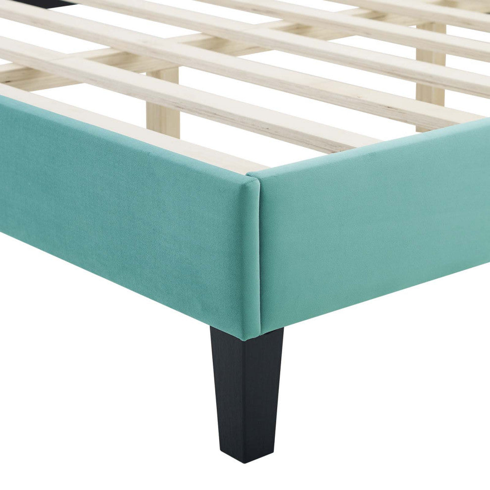 Platform Bed Frame, Nailhead, Queen Size, Blue, Velvet, Modern, Guest Suite