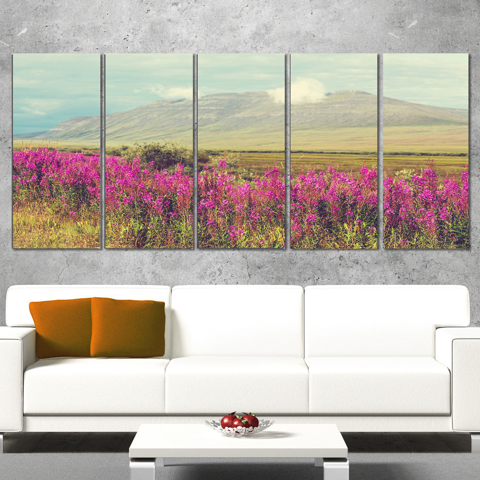 Purple Flowers and Distant Mountains, Floral Canvas Art Print, 60"x28", 5 Panels
