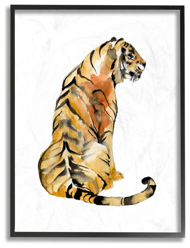 Tiger Posture Watercolor Animal Painting, 16"x20", Black Frame