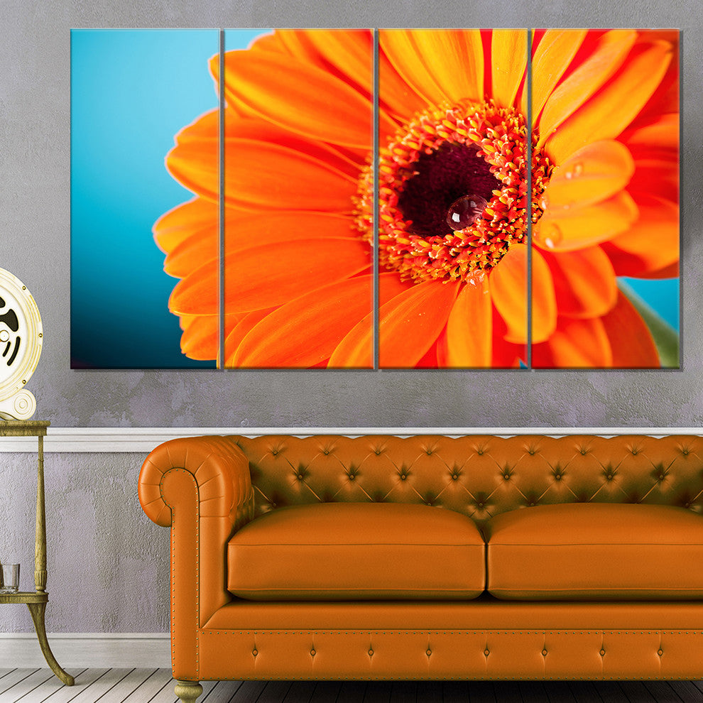 Orange Daisy Gerbera Flower Close up, Flowers Canvas Artwork, 48"x28", 4 Panels