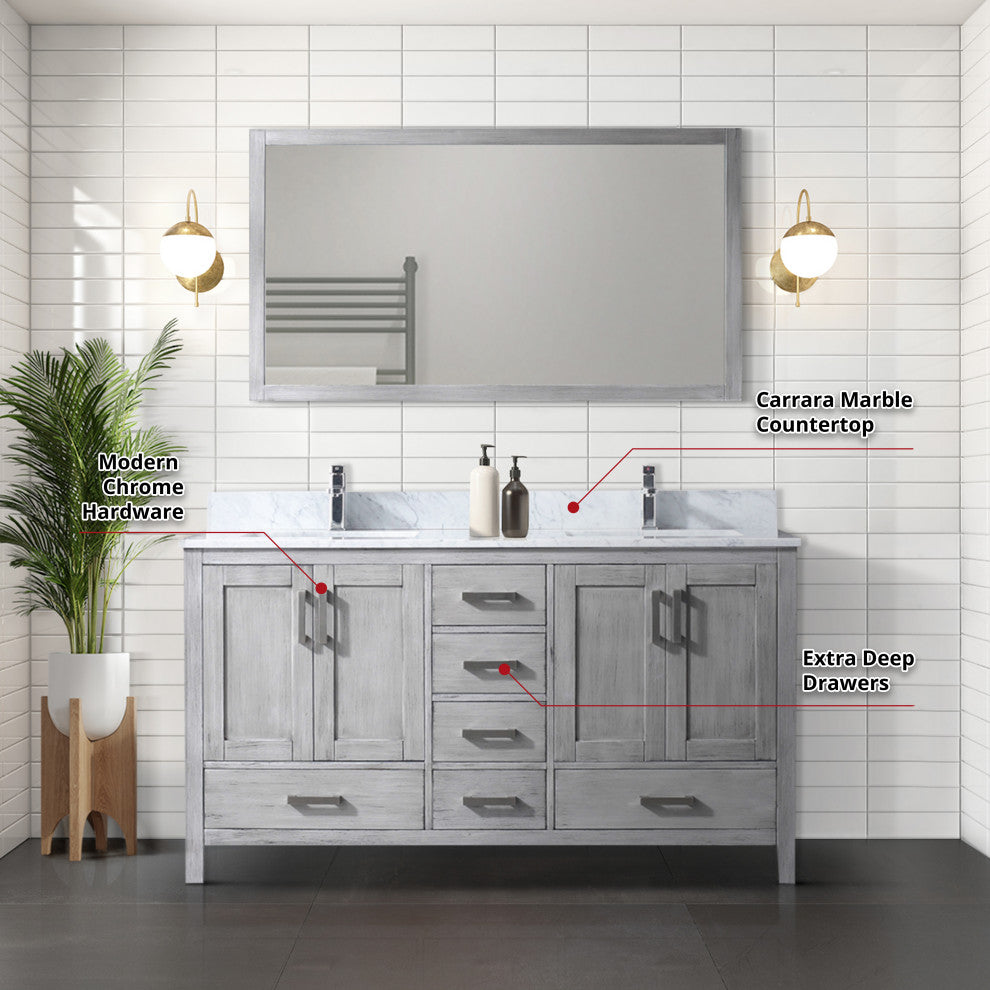 60" Distressed Gray Double Vanity, White Marble Top, White Sinks and 58" Mirror
