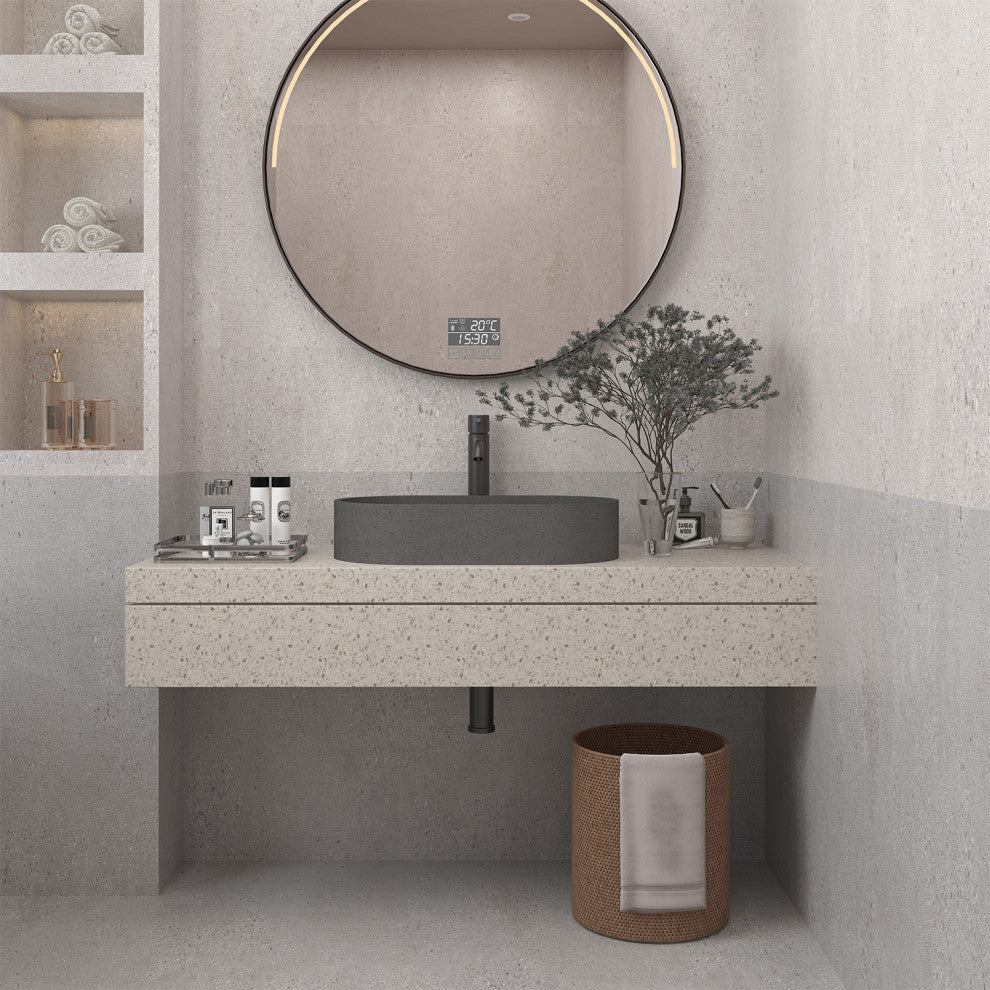 23in Bathroom Concrete Oval Vessel Sink with Drainer, Mottled Bluish Grey