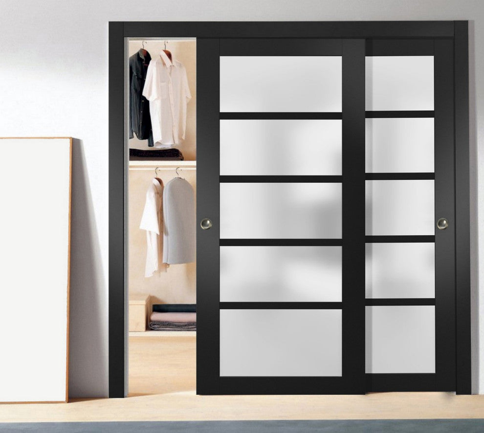 Closet Frosted Glass Bypass Doors 64 x 96, Quadro 4002 Matte Black