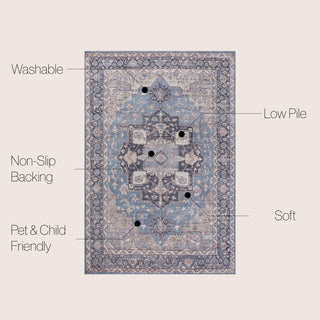 Maris Ornate Medallion Machine-Washable Blue/Cream 4 ft. x 6 ft. Area Rug