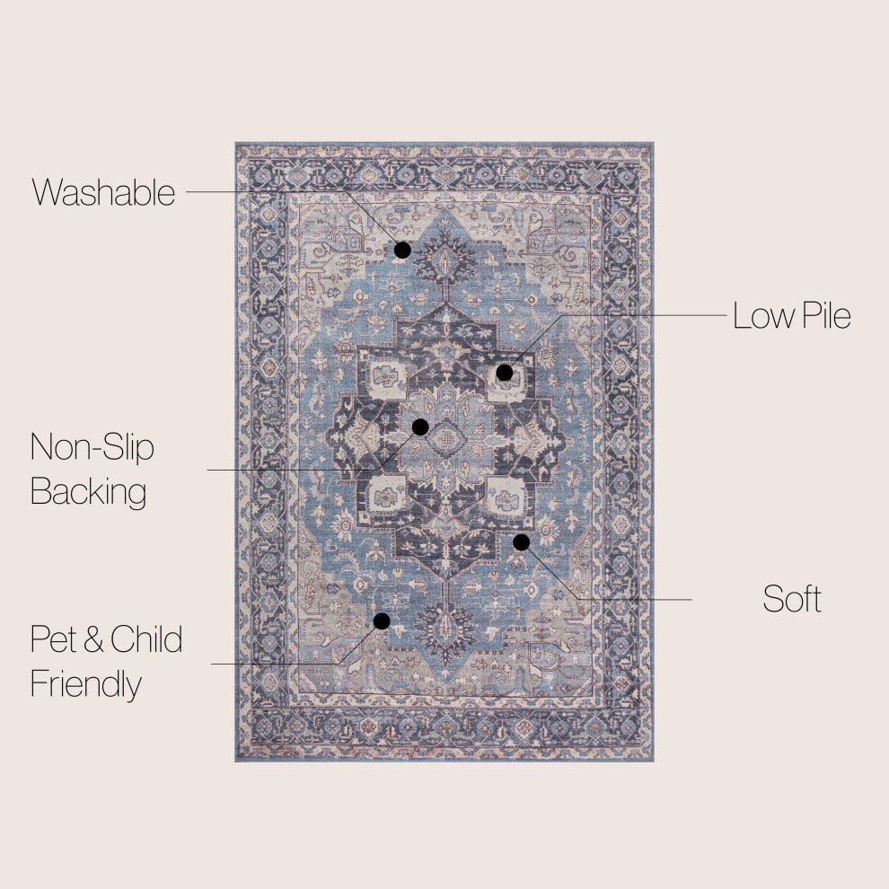 Maris Ornate Medallion Machine-Washable Blue/Cream 4 ft. x 6 ft. Area Rug