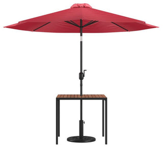 3 Piece Patio Table Set -35" Square Teak Table w/Umbrella Hole & Base, Red