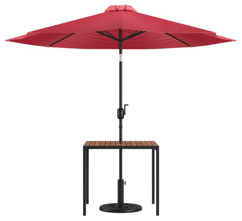 3 Piece Patio Table Set -35" Square Teak Table w/Umbrella Hole & Base, Red