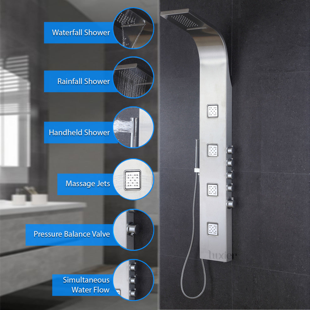 Luxier 59" Shower Panel System With Rainfall Waterfall Shower Head Hand Shower