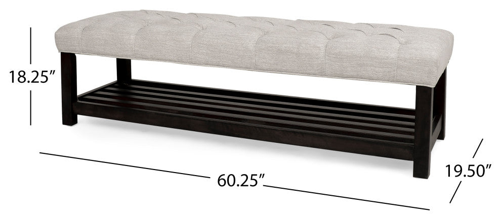Pelon Contemporary Button Tufted Bench With Shelf, Beige/Dark Walnut