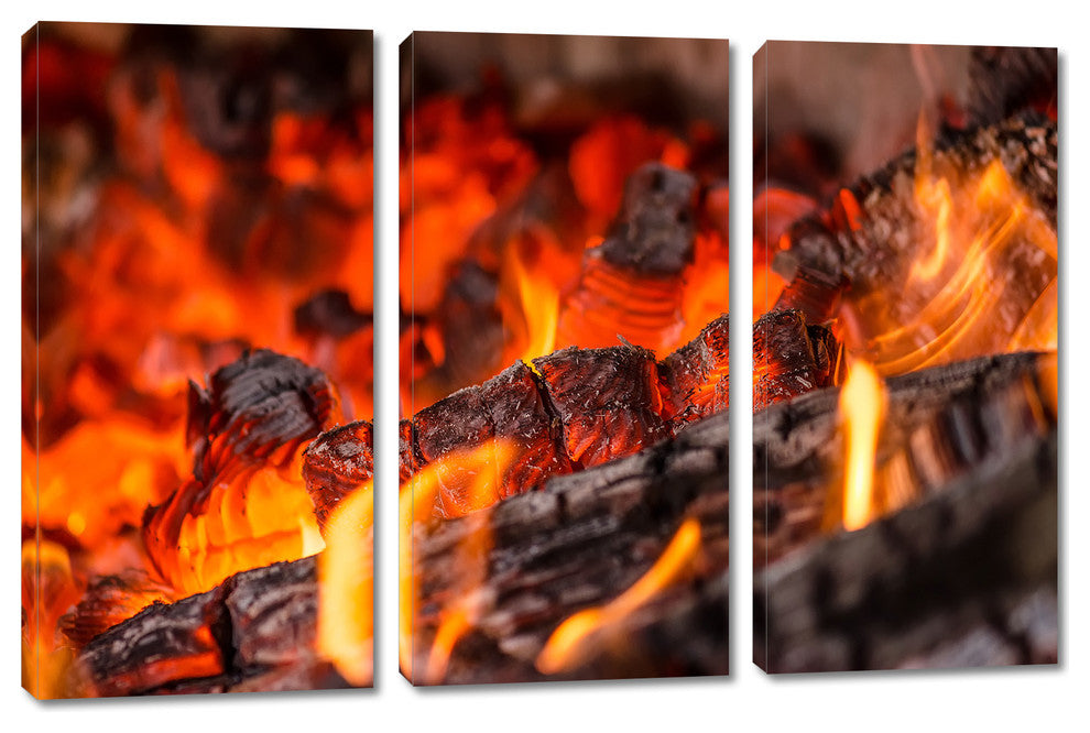 Wood Burning, Red Fire Canvas Print Wall Art, 3 Panel Split, Triptych,