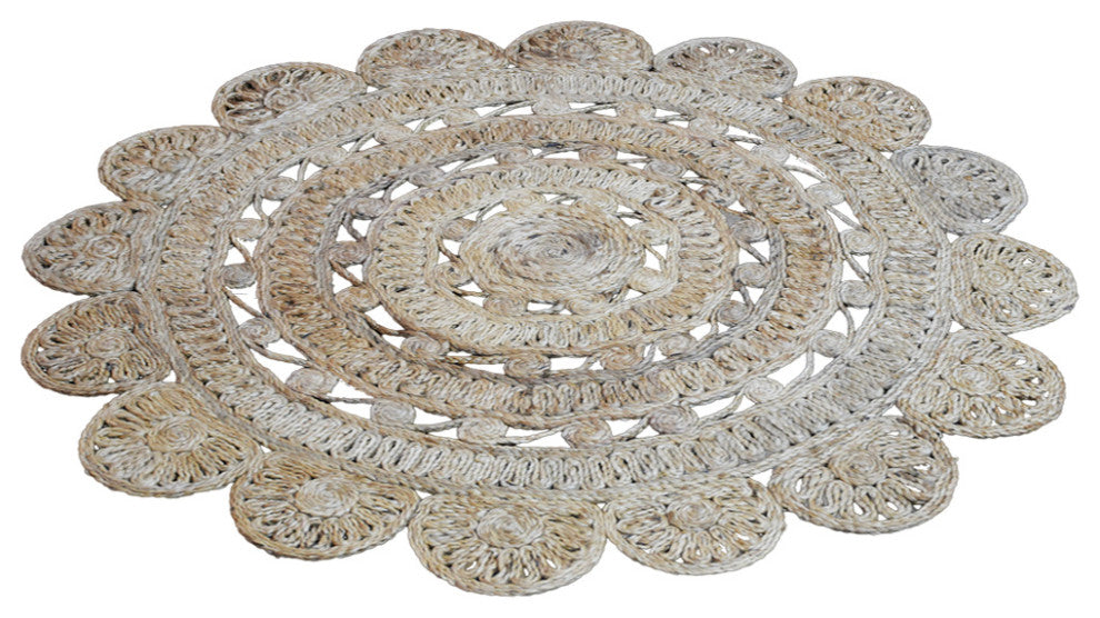 HAND WOVEN JUTE ECO-FRIENDLY SOLID AREA RUGS , Beige, Oriental, Outdoor Indoor, [Round] 5'x5'