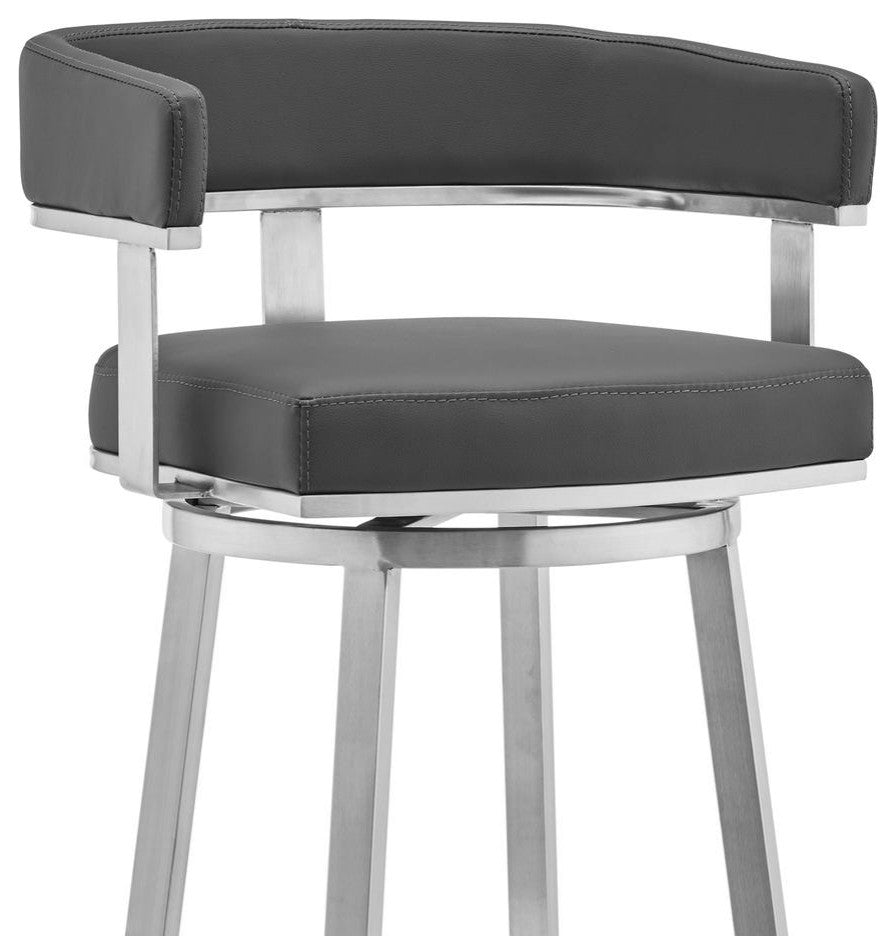 Cohen 26 Gray Faux Leather and Brushed Stainless Steel Swivel Bar Stool