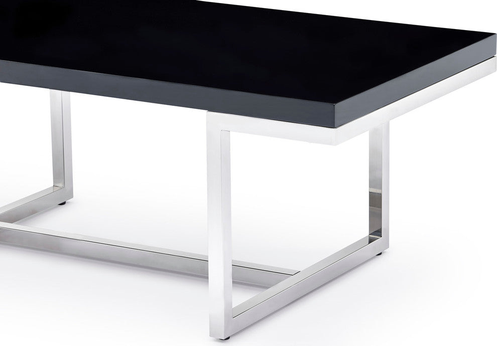 Modern Straz Coffee Table Glossy Black Lacquer Top Polished Stainless-Steel Base