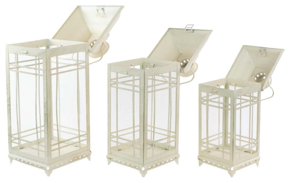 Set of 3 Cream Candle Lanterns with Brushed Gold Accents 19.5"
