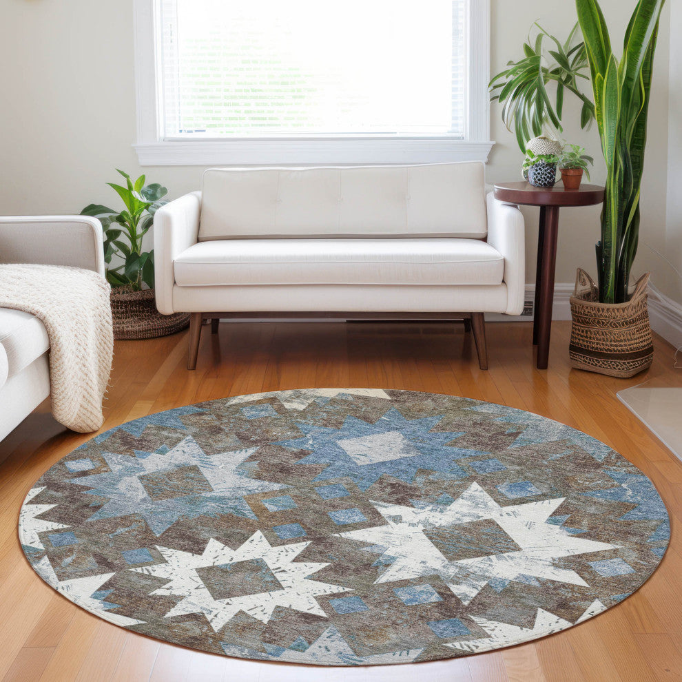 Machine Washable Indoor/Outdoor Chantille ACN1879 Brown 8' x 8' Round Rug