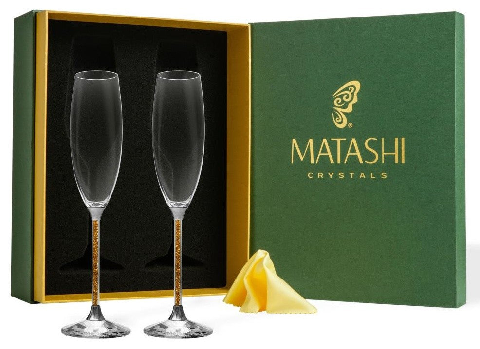 Set of 2 - 8 oz. Crystal Champagne Glasses Flutes w/ Elegant Crystal Filled Stem