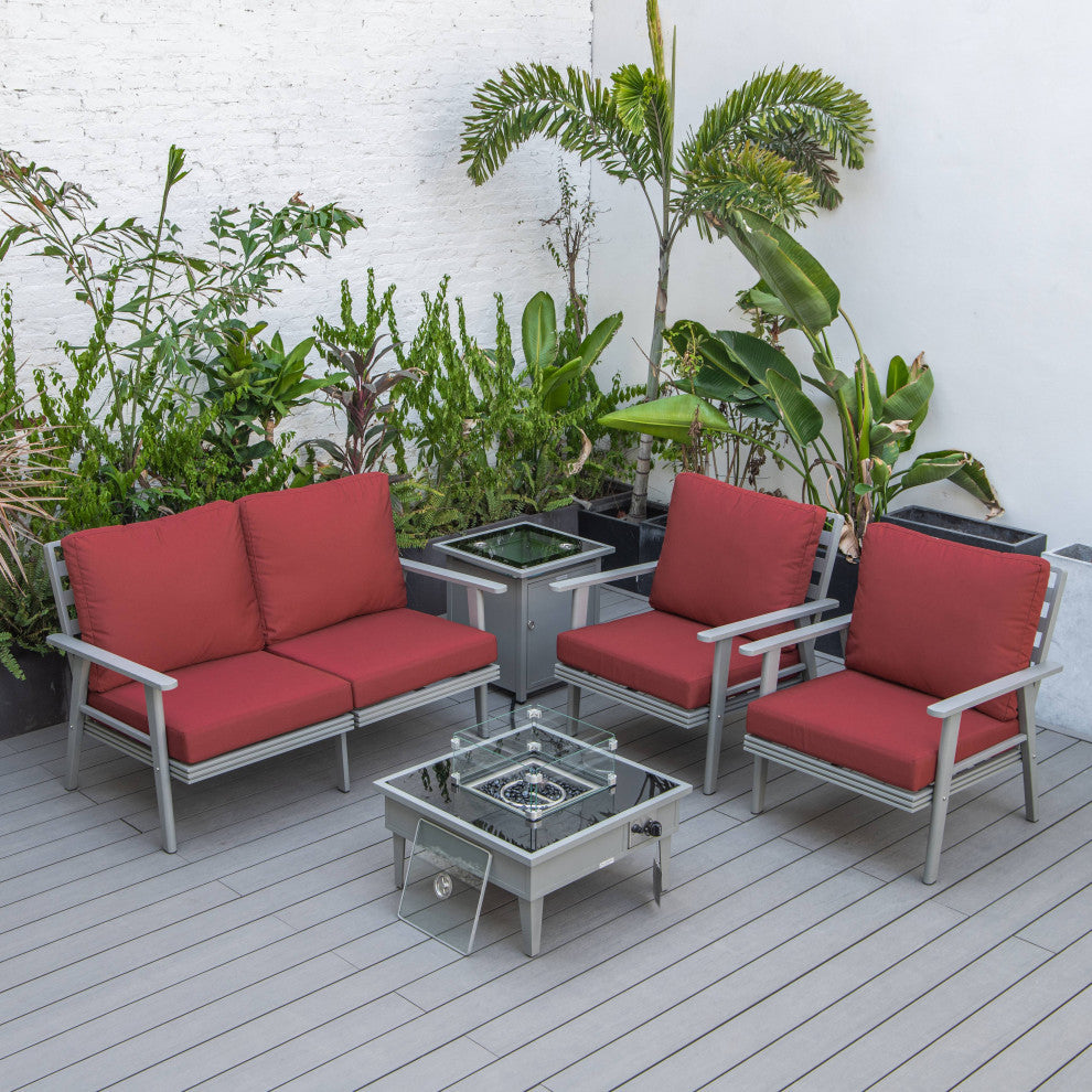 LeisureMod Walbrooke Grey Patio Sofa Set With Square Fire Pit Table, Red