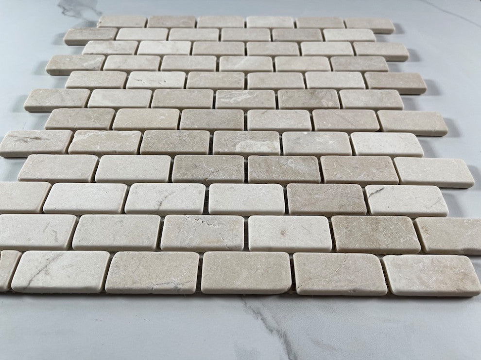 Tumbled Crema Marfil Marble 1x2 Brick Subway Antique Mosaic Tile, 1 sheet
