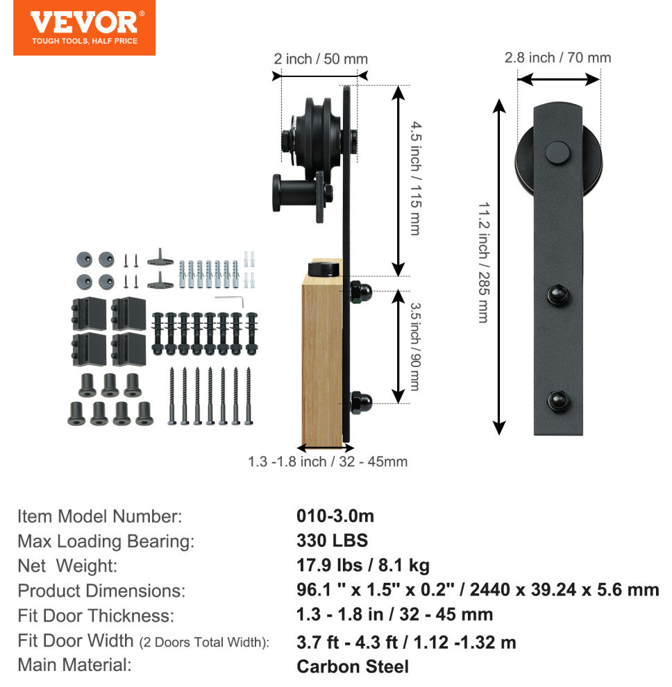VEVOR 8FT Sliding Barn Door Hardware Closet Track Kit for Double Doors I Hanger