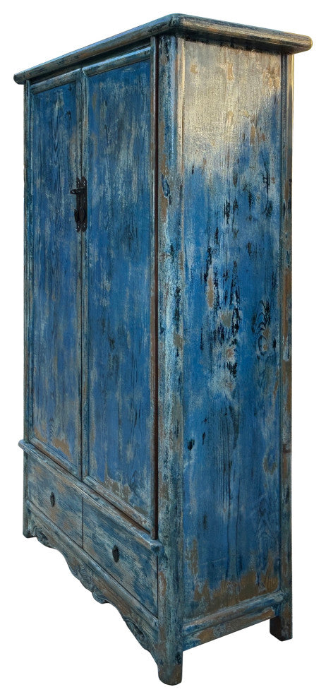 Distressed Bright Blue Tall Oriental Noodle Cabinet Storage Armoire Hws4322