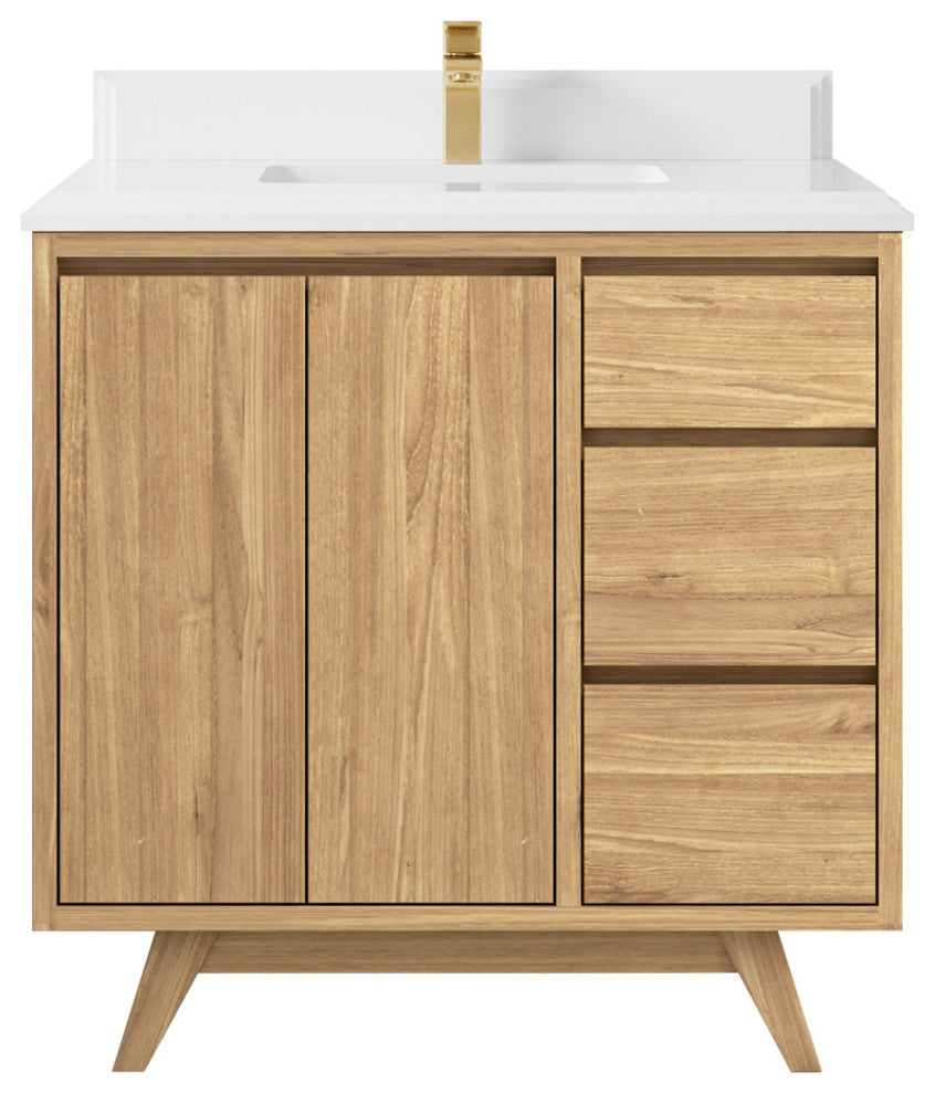 Madison Teak 36 Center Sink Bath Vanity in Light Natural 1.5" White Quartz