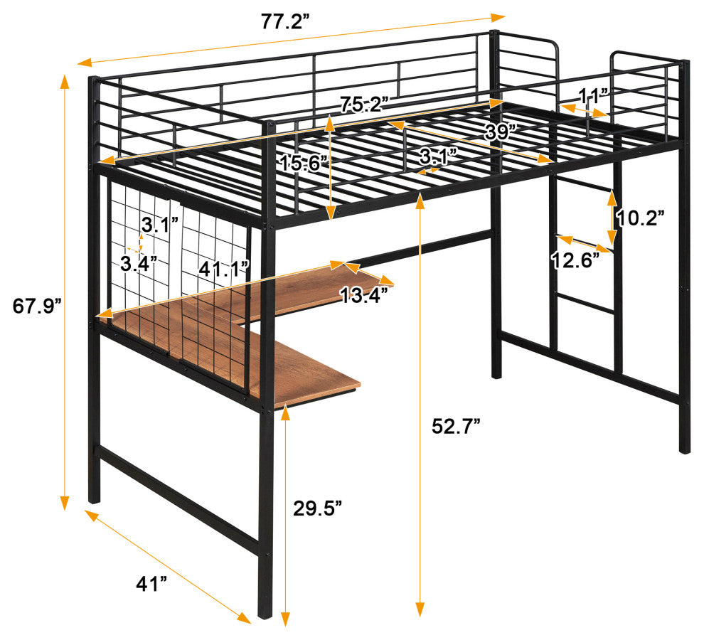 TATEUS Metal Loft Bed With Desk, Sturdy Metal Frame Guardrails Work and Play, Black, Twin
