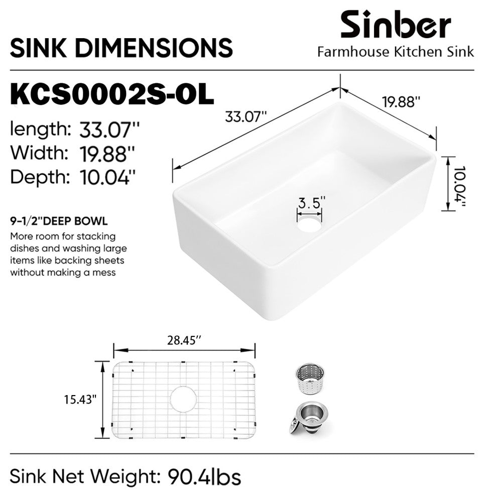 Sinber White Ceramic Double Bowl Apron farmhouse Kitchen Sink With Str, 33"x17"