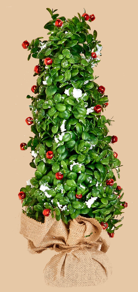 21" Snowy Boxwood and Bell Tree In Burlap Base