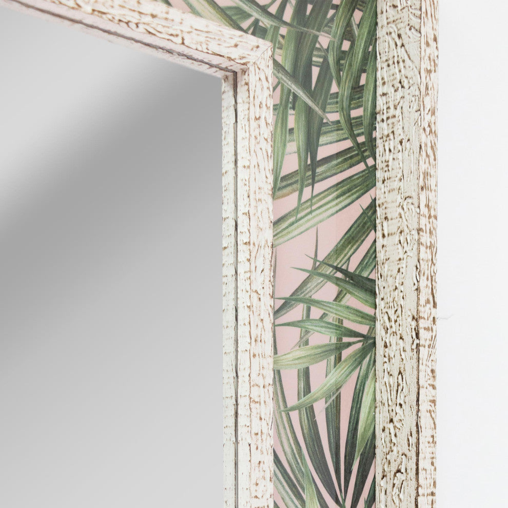 Tropical Leaves Print Distressed White Raised Lip Double Framed Accent Mirror
