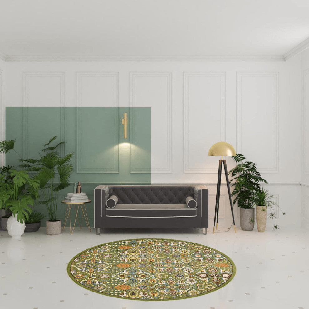 8' Green Round Floral Power Loom Area Rug