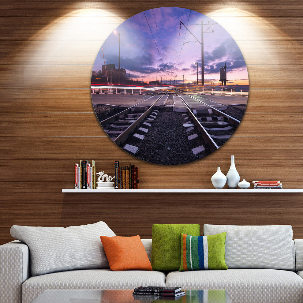 Rail Crossing With Blurred Car Lights, Cityscape Disc Metal Art, 11"