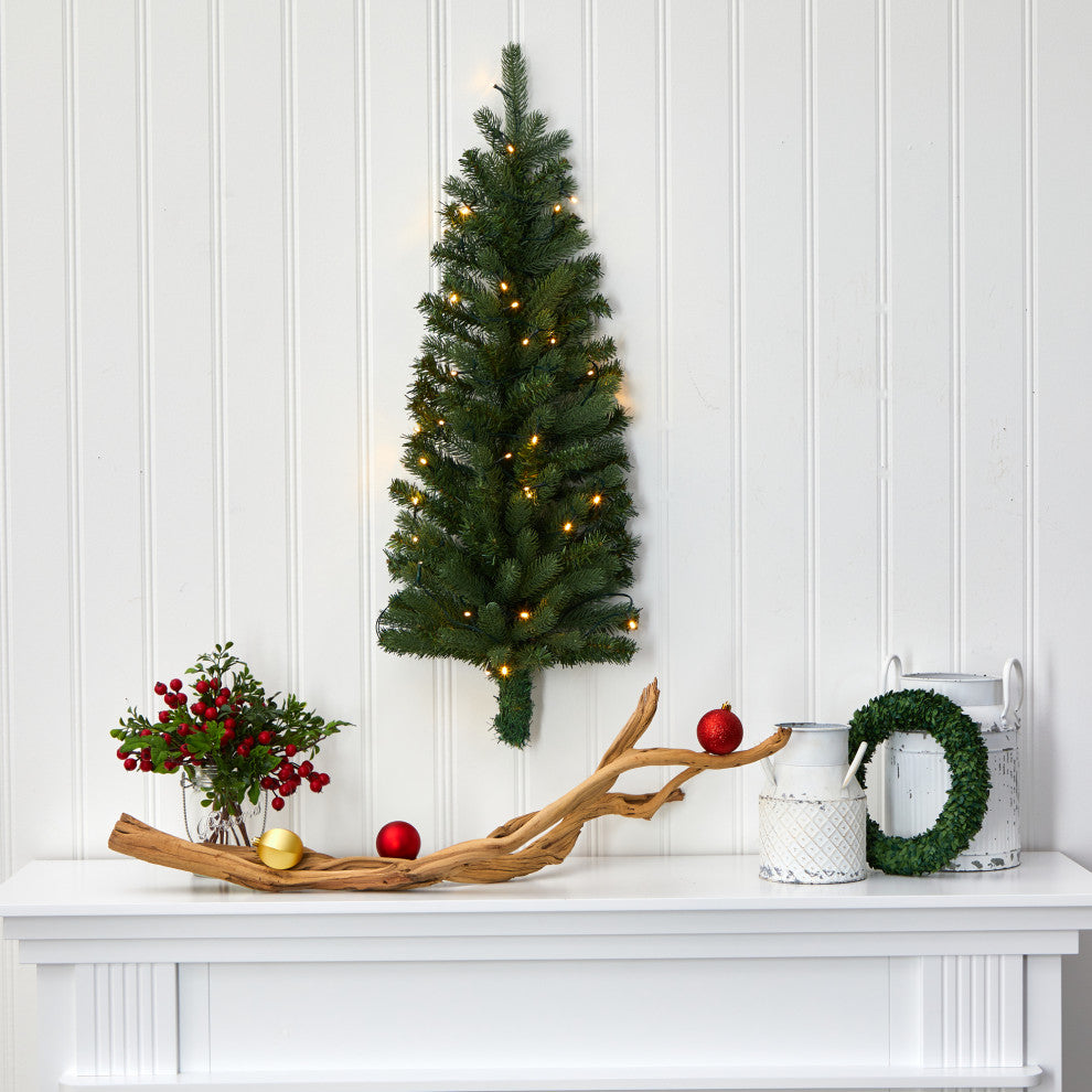 3' Flat Back Wall Hanging Artificial Christmas Tree With 35 Clear LED Lights