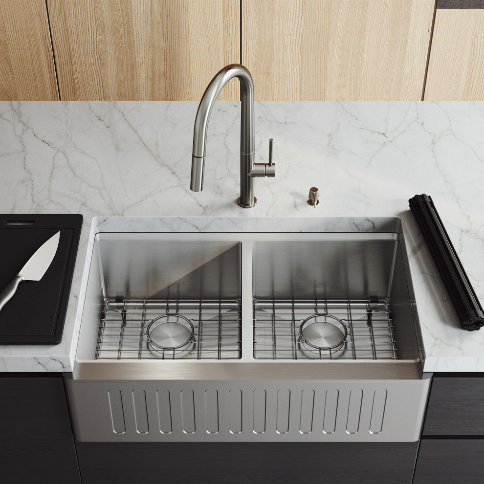 Oxford Double Bowl Slotted Apron Farmhouse Kitchen Sink and Accessories, 33" L X 21" W