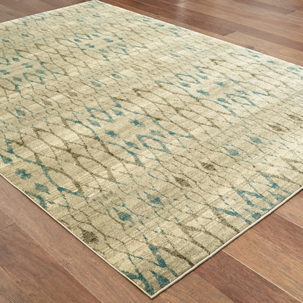 Raquel Distressed Geometric Ivory/ Blue Area Rug, 9'10"x12'10"