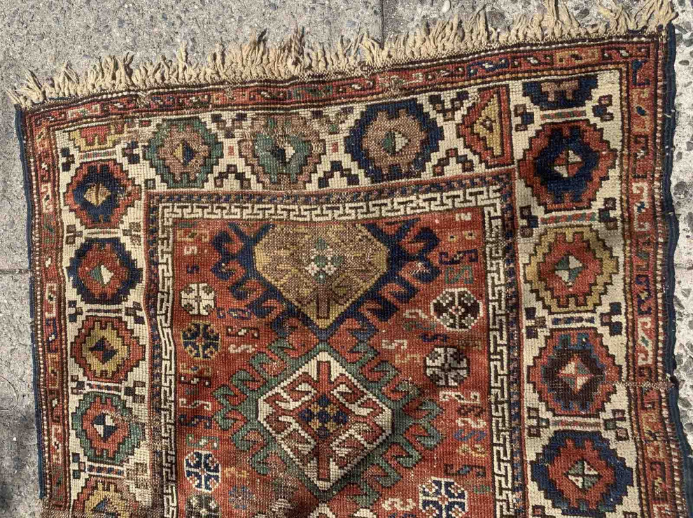 Handmade Antique Caucasian Kazak Rug 3.4'x4.4', 103cmx134cm 1880s