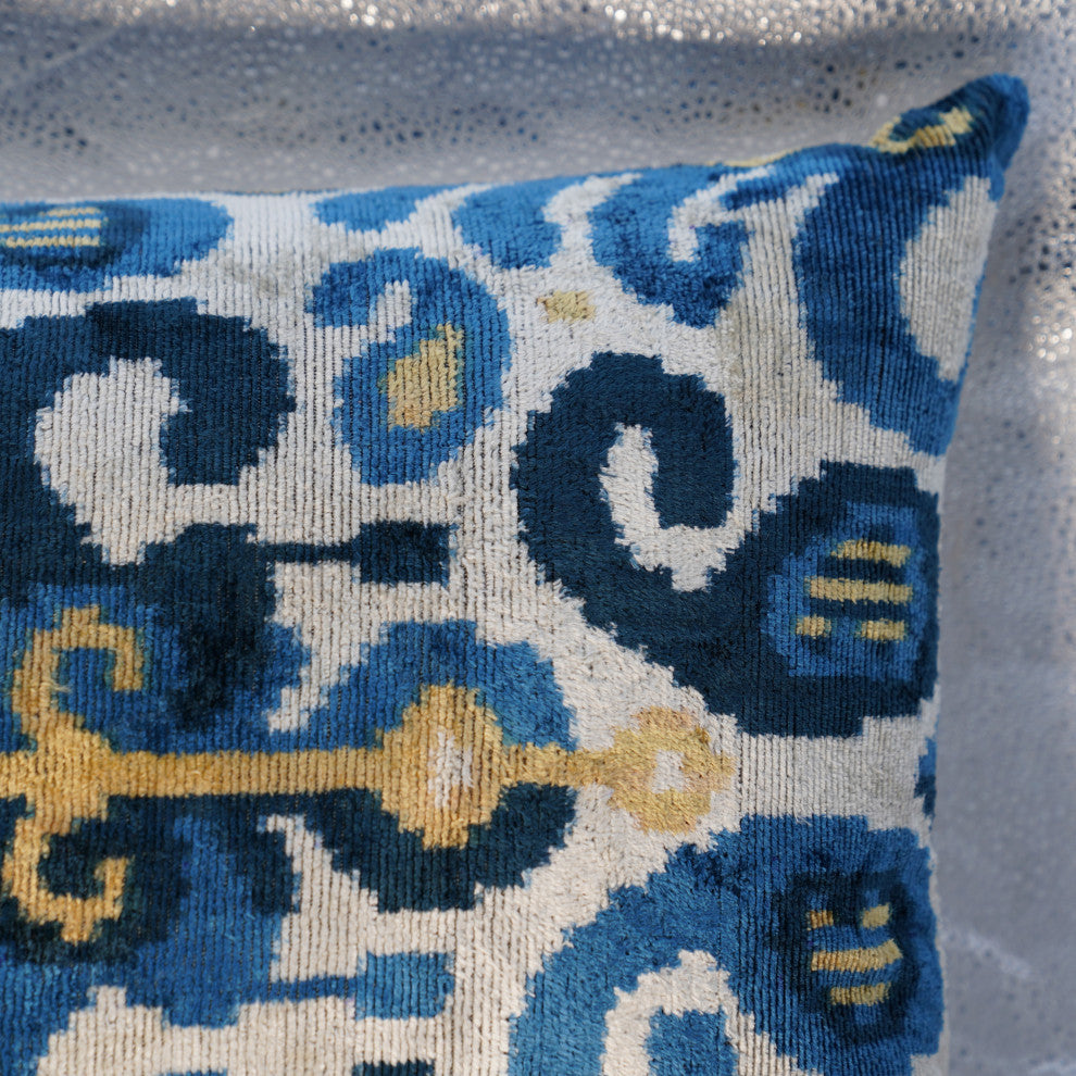 Canvello Handmade Gold Blue Velvet Throw Pillow Down Filled 16x24 in