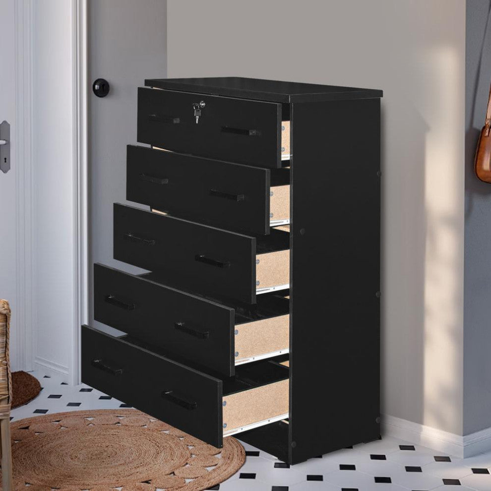 Better Home Products Cindy 5 Drawer Chest Wooden Dresser With Lock In Black