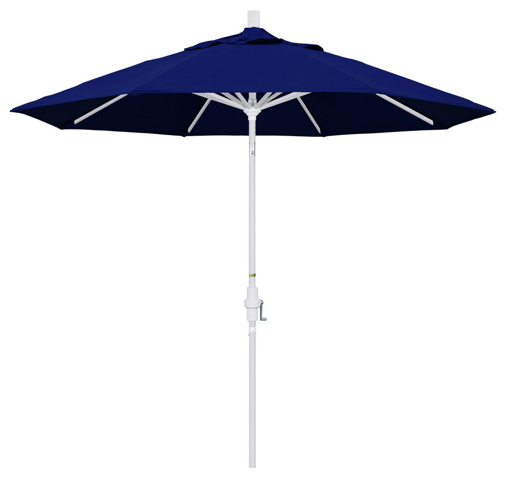 9' Matted White Collar Tilt Crank Lift Aluminum Umbrella, Sunbrella, True Blue