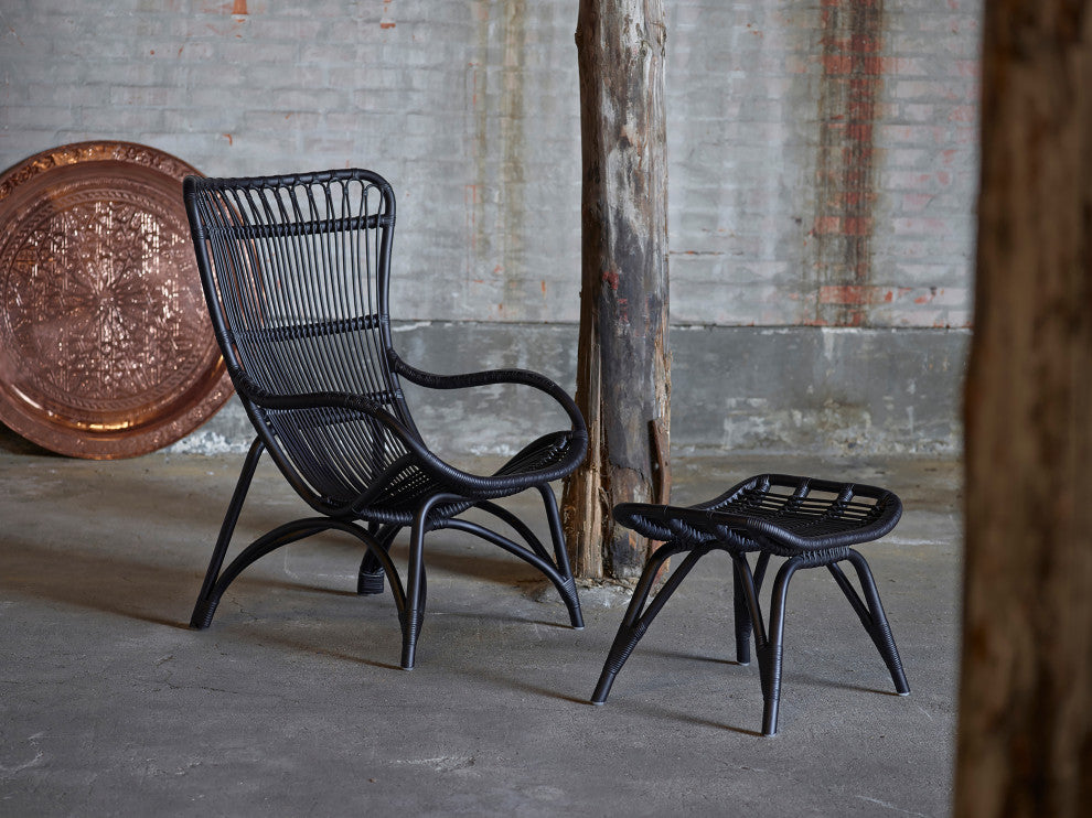 Monet Highback Rattan Lounge Chair and Footstool, Black
